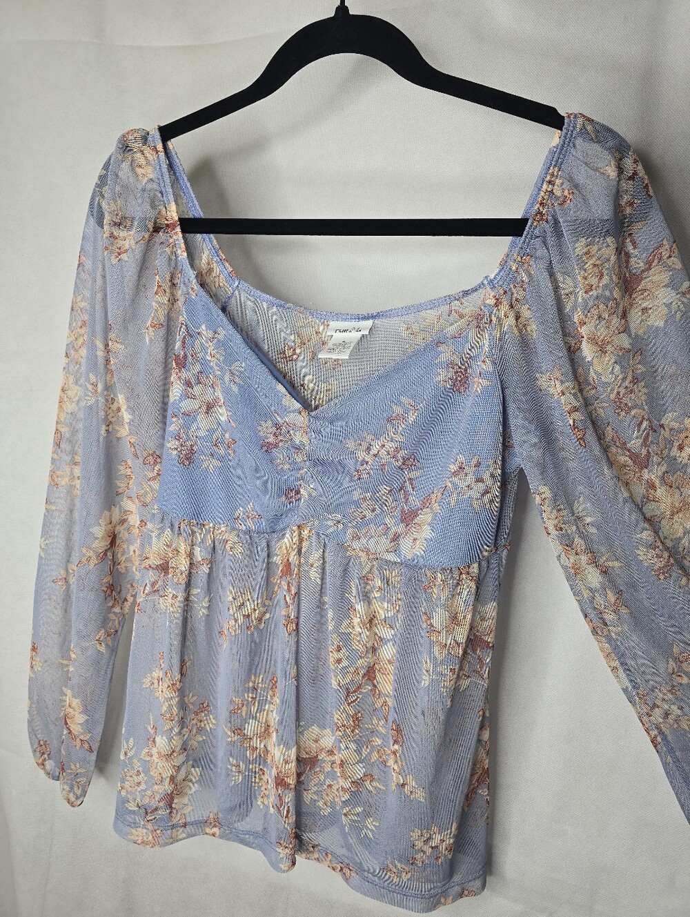 Rue 21 Babydoll Top Blue Floral Sheer Mesh Long Sleeve Coquette Fairycore M
